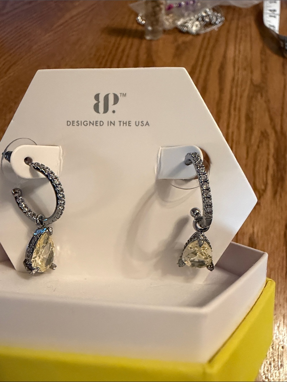 Bomb Party Silver Hoop Earrings with Pale Yellow Teardrop Stones